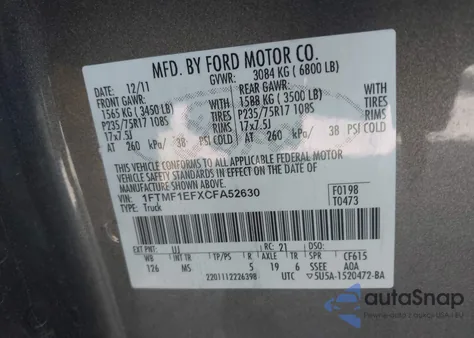 2012 Ford F-150 Xlt from USA, damaged, VIN 1FTMF1EFXCFA52630